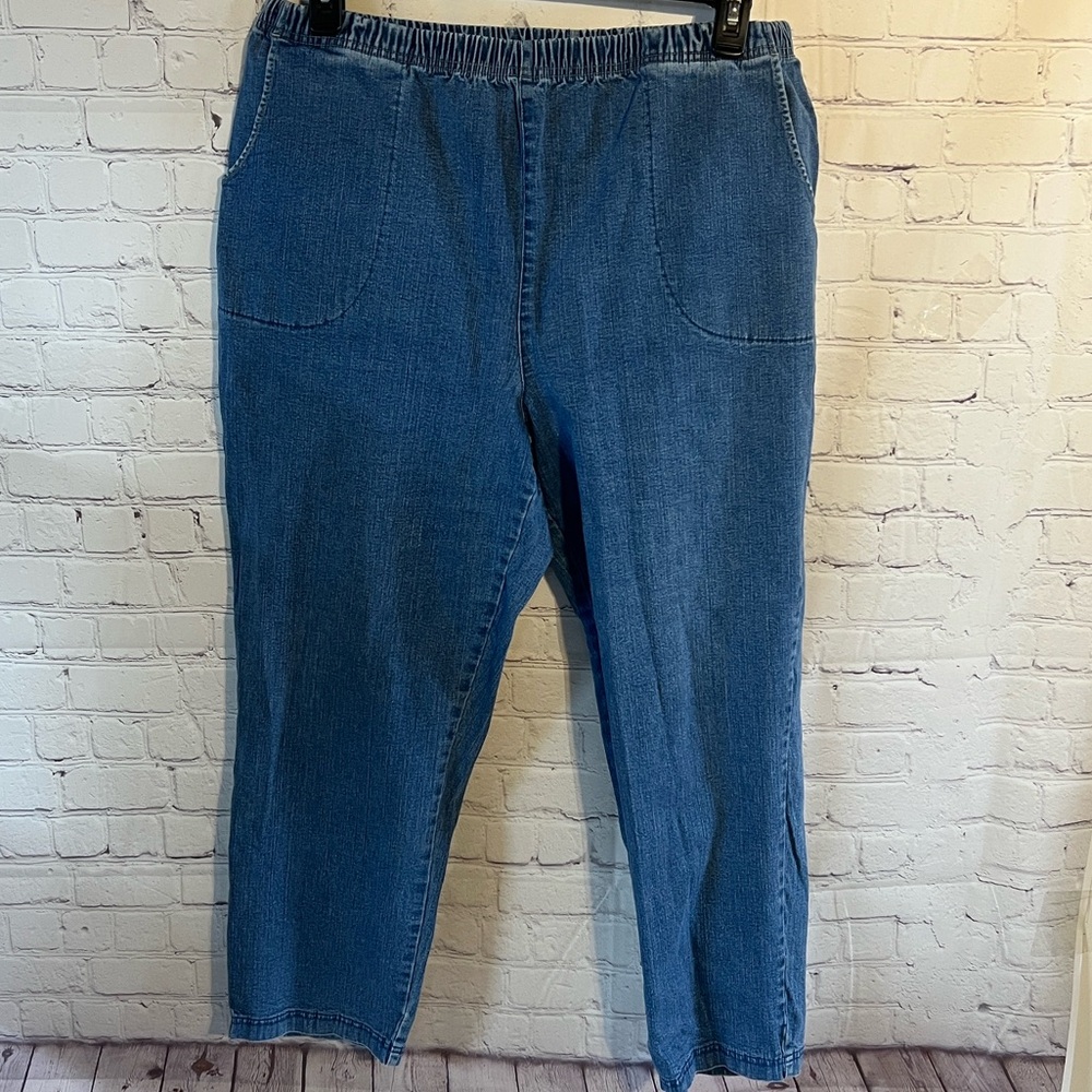 2X Petite elastic waistband Casual Blue Denim Jeans. 2 side pockets.